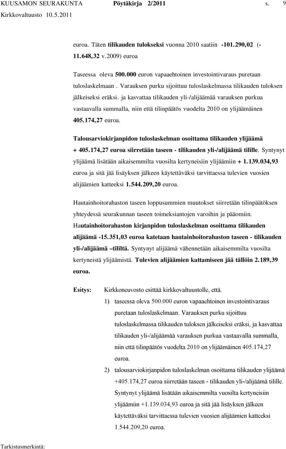 ja kasvattaa tilikauden yli /alijäämää varauksen purkua vastaavalla summalla, niin että tilinpäätös vuodelta 2010 on ylijäämäinen 405.174,27 euroa.