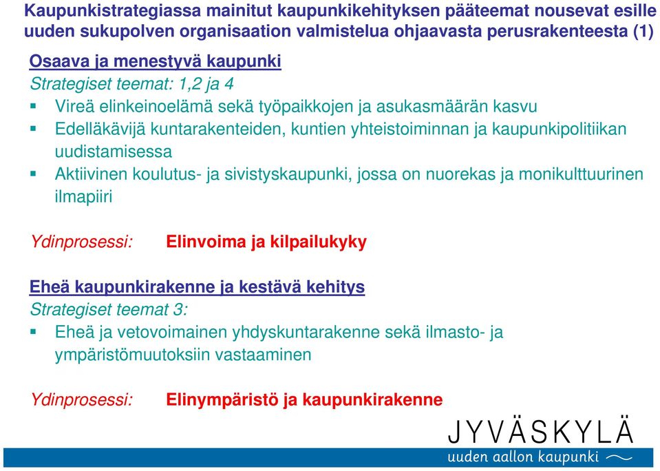 kaupunkipolitiikan uudistamisessa Aktiivinen koulutus- ja sivistyskaupunki, jossa on nuorekas ja monikulttuurinen ilmapiiri Ydinprosessi: Elinvoima ja kilpailukyky Eheä