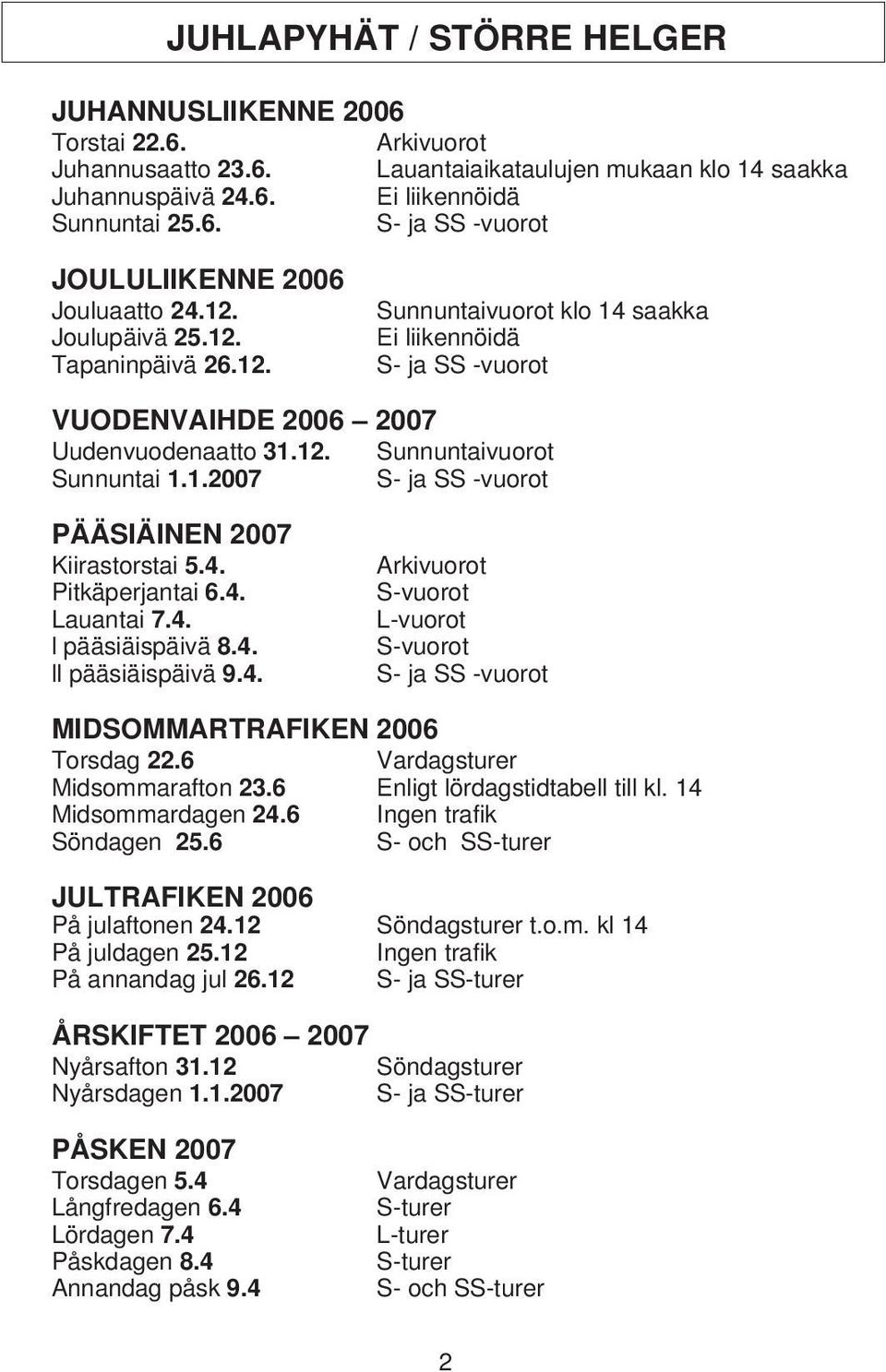 4. Pitkäperjantai 6.4. Lauantai 7.4. l pääsiäispäivä 8.4. ll pääsiäispäivä 9.4. Arkivuorot S-vuorot L-vuorot S-vuorot S- ja SS -vuorot MIDSOMMARTRAFIKEN 2006 Torsdag 22.