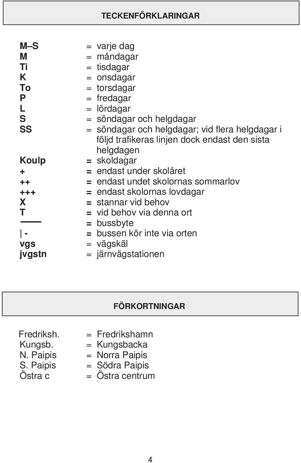 skolornas sommarlov +++ = endast skolornas lovdagar X = stannar vid behov T = vid behov via denna ort = bussbyte - = bussen kör inte via orten vgs jvgstn =