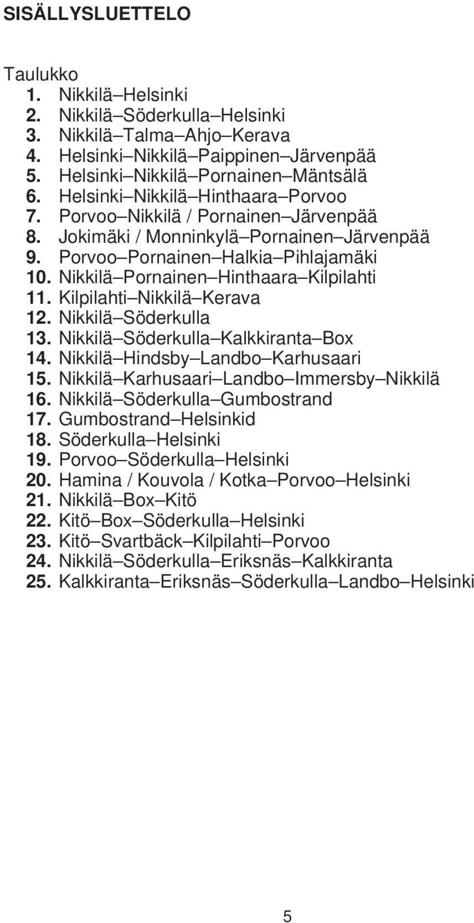 Nikkilä Pornainen Hinthaara Kilpilahti 11. Kilpilahti Nikkilä Kerava 12. Nikkilä Söderkulla 13. Nikkilä Söderkulla Kalkkiranta Box 14. Nikkilä Hindsby Landbo Karhusaari 15.