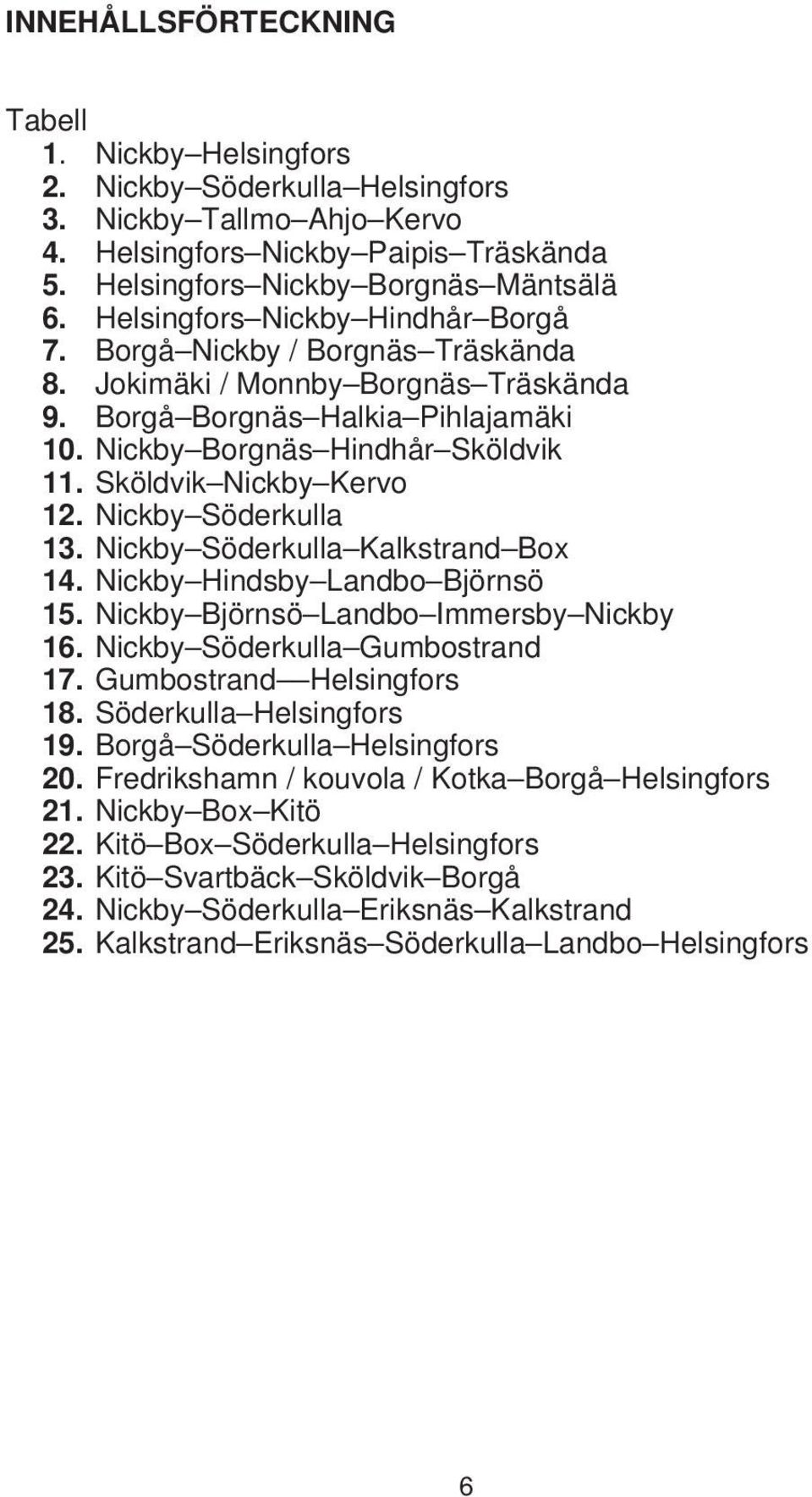 Sköldvik Nickby Kervo 12. Nickby Söderkulla 13. Nickby Söderkulla Kalkstrand Box 14. Nickby Hindsby Landbo Björnsö 15. Nickby Björnsö Landbo Immersby Nickby 16. Nickby Söderkulla Gumbostrand 17.