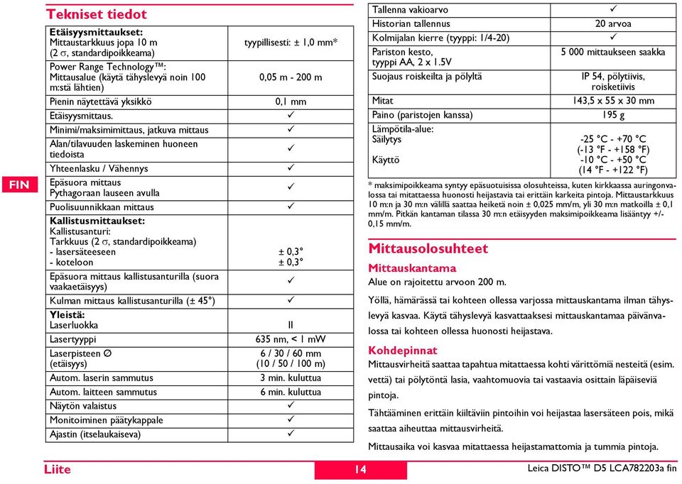 Minimi/maksimimittaus, jatkuva mittaus Alan/tilavuuden laskeminen huoneen tiedoista Yhteenlasku / Vähennys päsuora mittaus ythagoraan lauseen avulla uolisuunnikkaan mittaus Kallistusmittaukset: