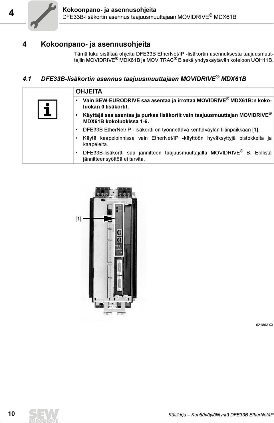1 DFE33B-lisäkortin asennus taajuusmuuttajaan MOVIDRIVE MDX61B OHJEITA Vain SEW-EURODRIVE saa asentaa ja irrottaa MOVIDRIVE MDX61B:n kokoluokan 0 lisäkortit.