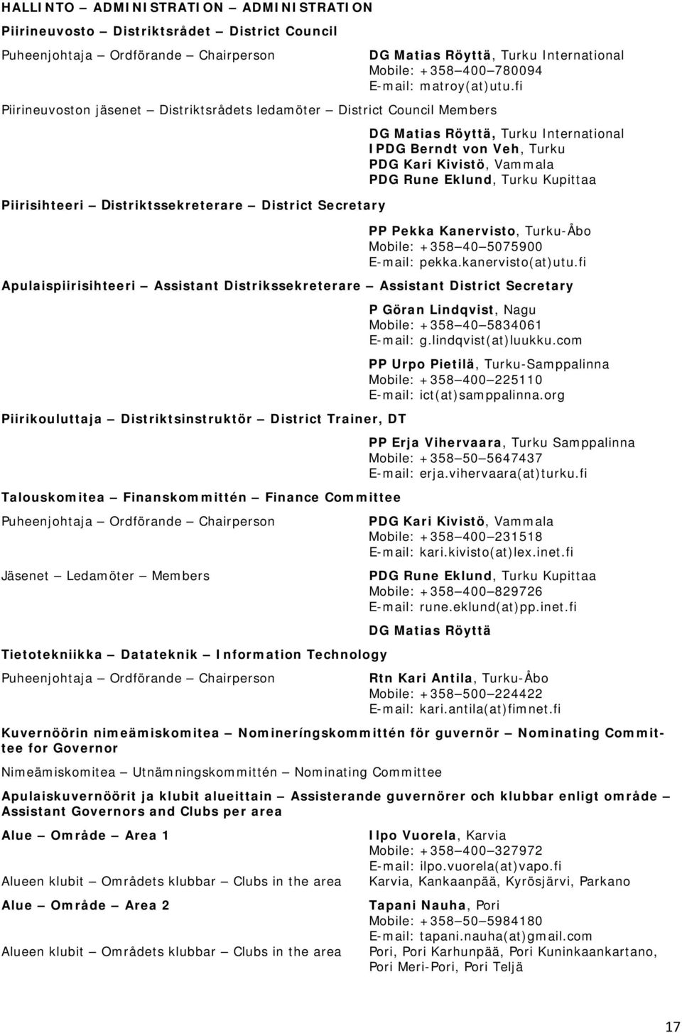 fi Piirineuvoston jäsenet Distriktsrådets ledamöter District Council Members Piirisihteeri Distriktssekreterare District Secretary DG Matias Röyttä, Turku International IPDG Berndt von Veh, Turku PDG