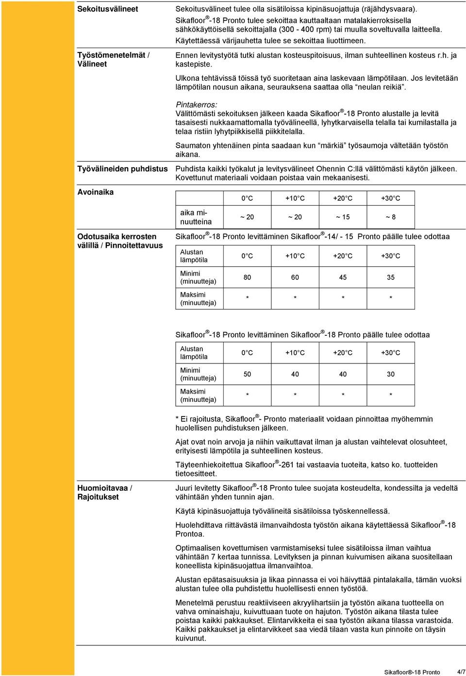 Käytettäessä värijauhetta tulee se sekoittaa liuottimeen. Ennen levitystyötä tutki alustan kosteuspitoisuus, ilman suhteellinen kosteus r.h. ja kastepiste.