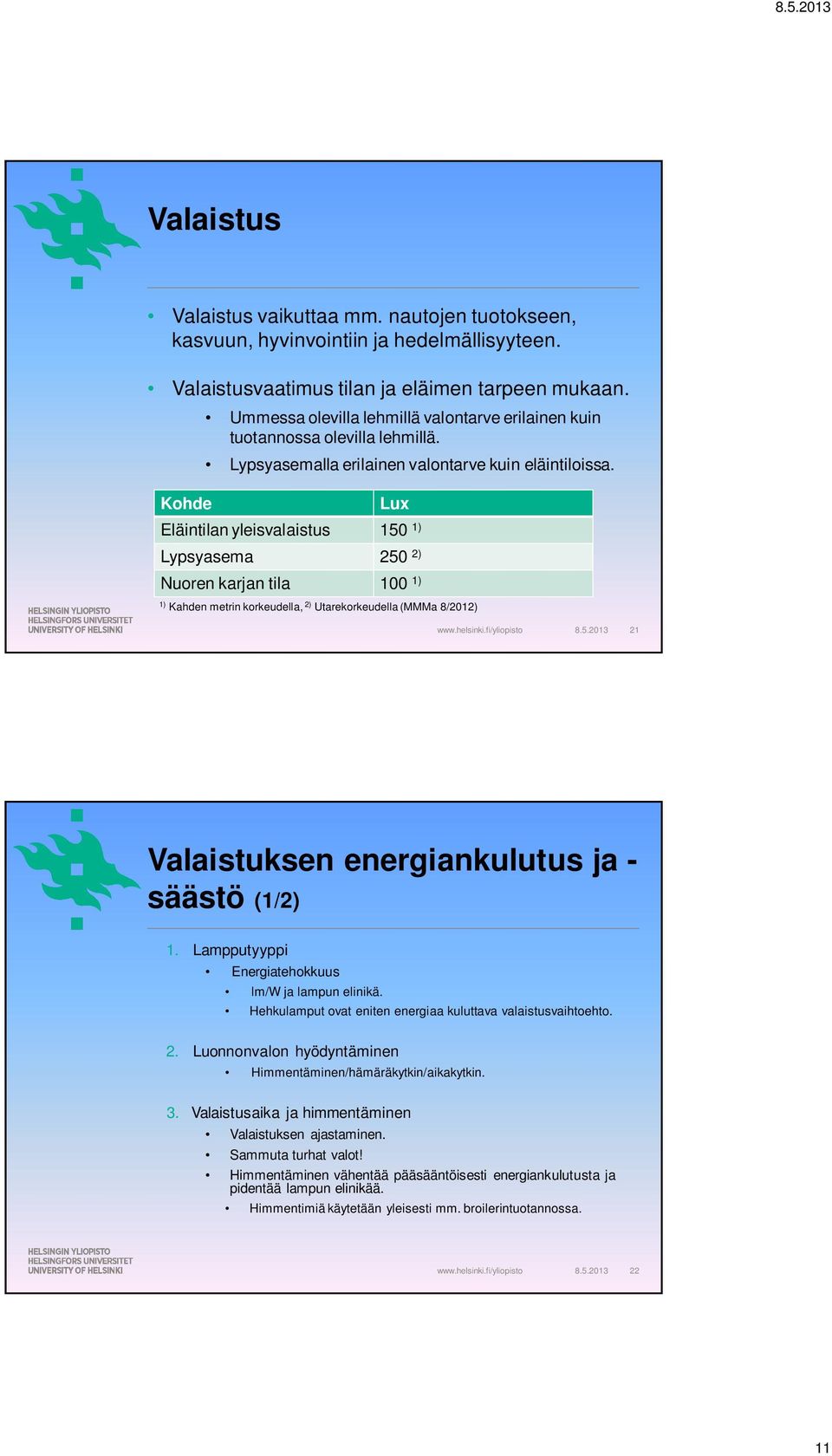 Lux Eläintilan yleisvalaistus 150 1) Lypsyasema 250 2) Nuoren karjan tila 100 1) 1) Kahden metrin korkeudella, 2) Utarekorkeudella (MMMa 8/2012) 8.5.2013 21 Valaistuksen energiankulutus ja - säästö (1/2) 1.
