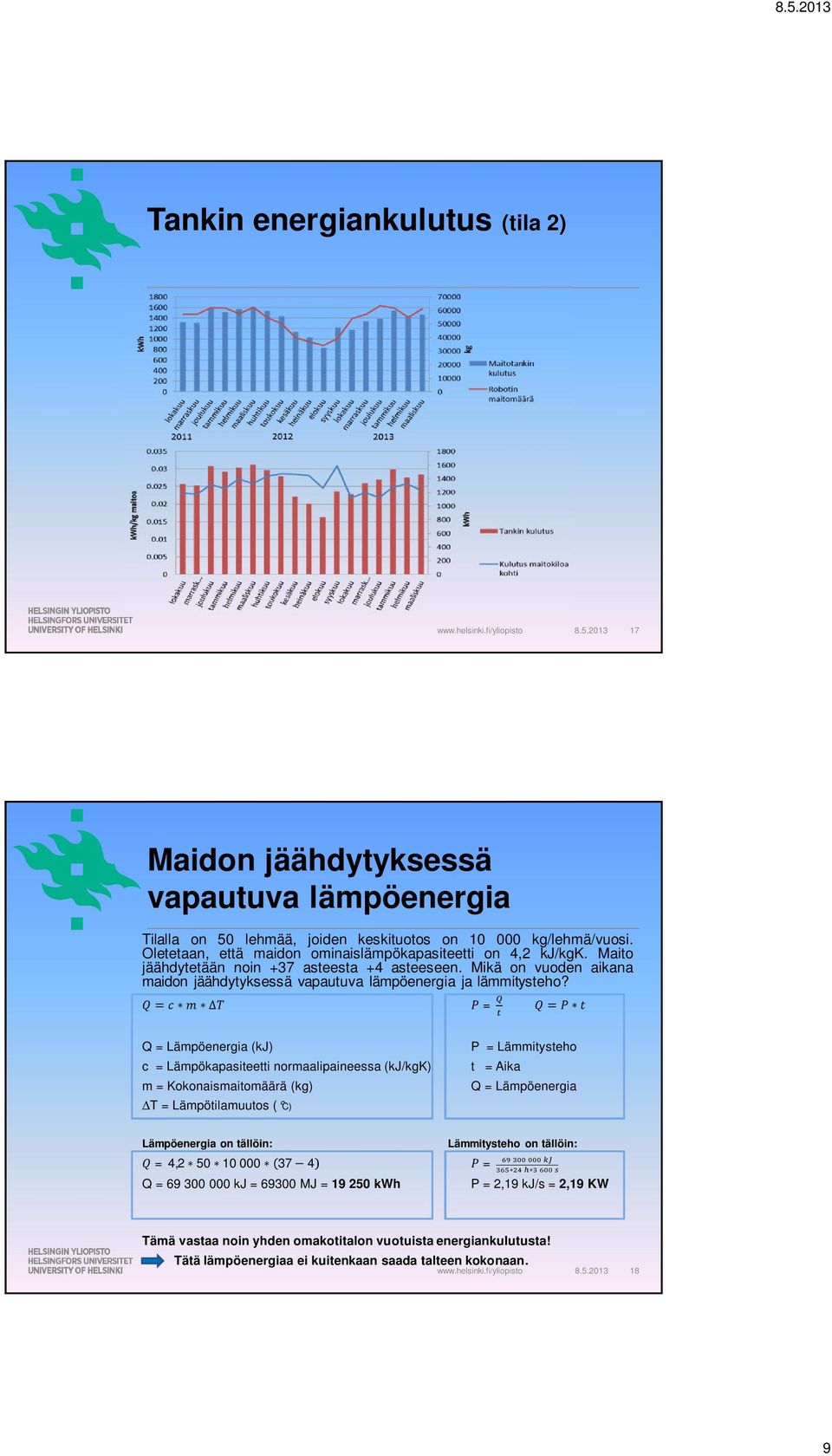 = Q = Lämpöenergia (kj) c = Lämpökapasiteetti normaalipaineessa (kj/kgk) m = Kokonaismaitomäärä (kg) T = Lämpötilamuutos ( C) P = Lämmitysteho t = Aika Q = Lämpöenergia Lämpöenergia on tällöin: