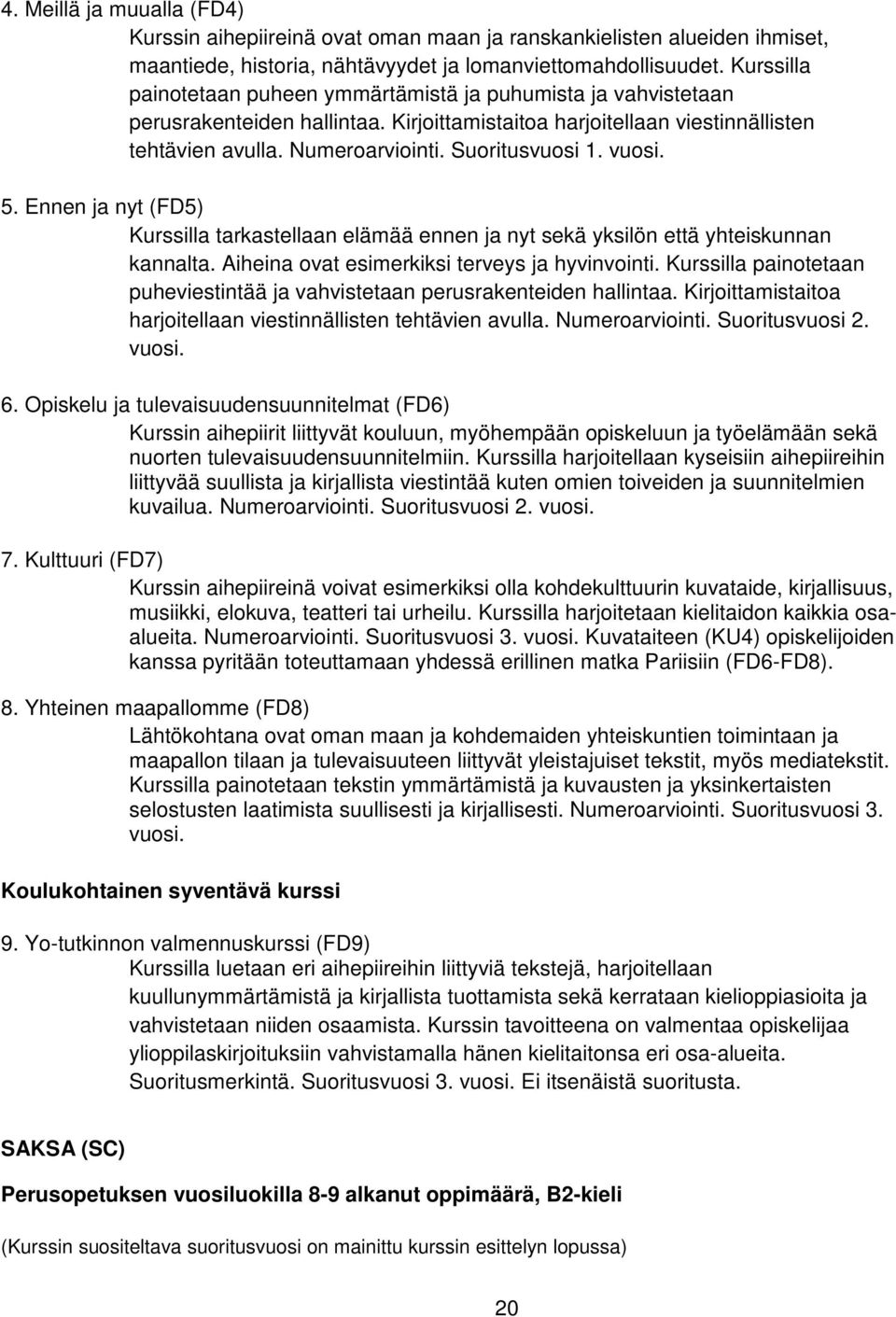 vuosi. 5. Ennen ja nyt (FD5) Kurssilla tarkastellaan elämää ennen ja nyt sekä yksilön että yhteiskunnan kannalta. Aiheina ovat esimerkiksi terveys ja hyvinvointi.