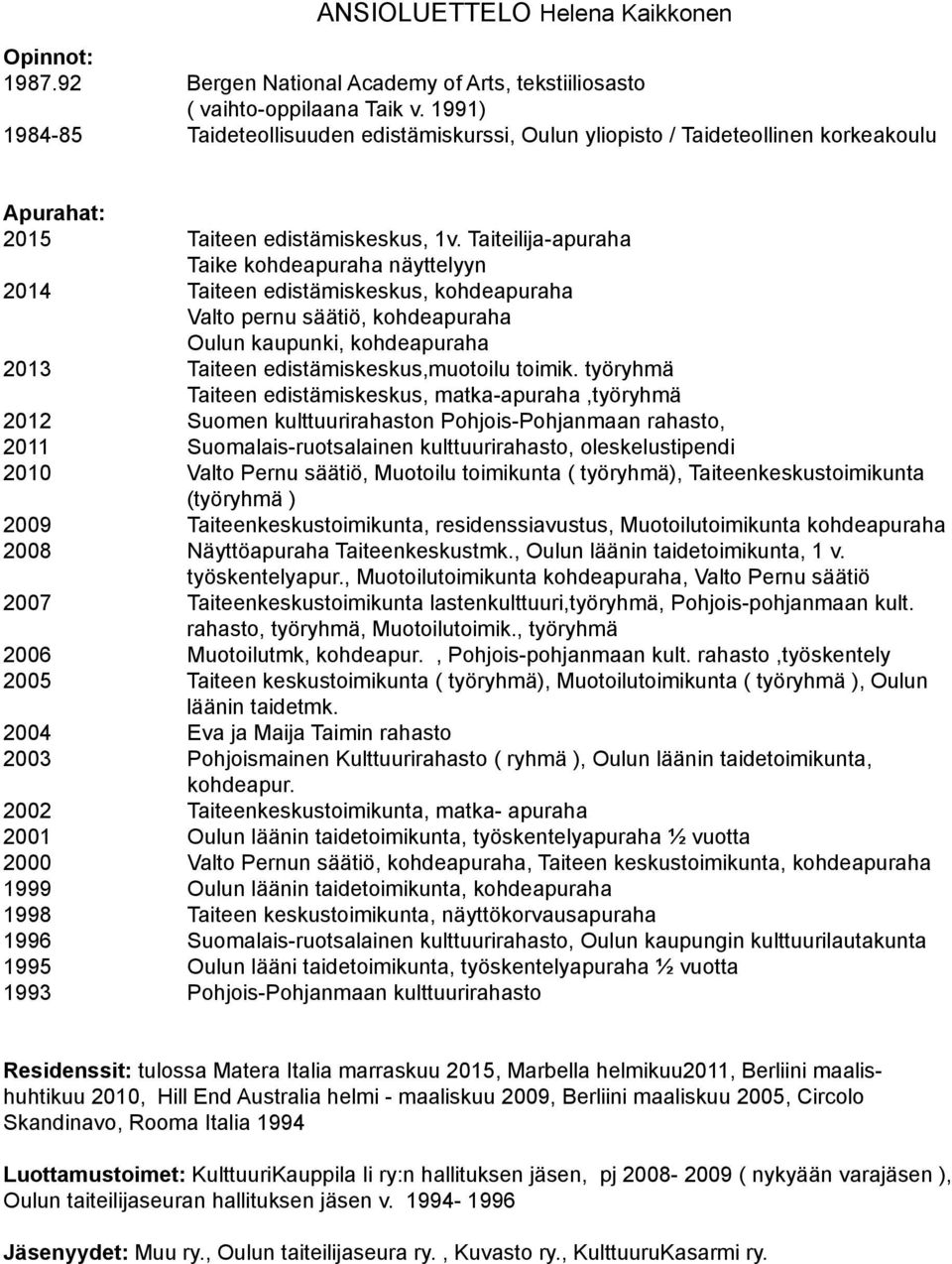 Taiteilija-apuraha Taike kohdeapuraha näyttelyyn 2014 Taiteen edistämiskeskus, kohdeapuraha Valto pernu säätiö, kohdeapuraha Oulun kaupunki, kohdeapuraha 2013 Taiteen edistämiskeskus,muotoilu toimik.