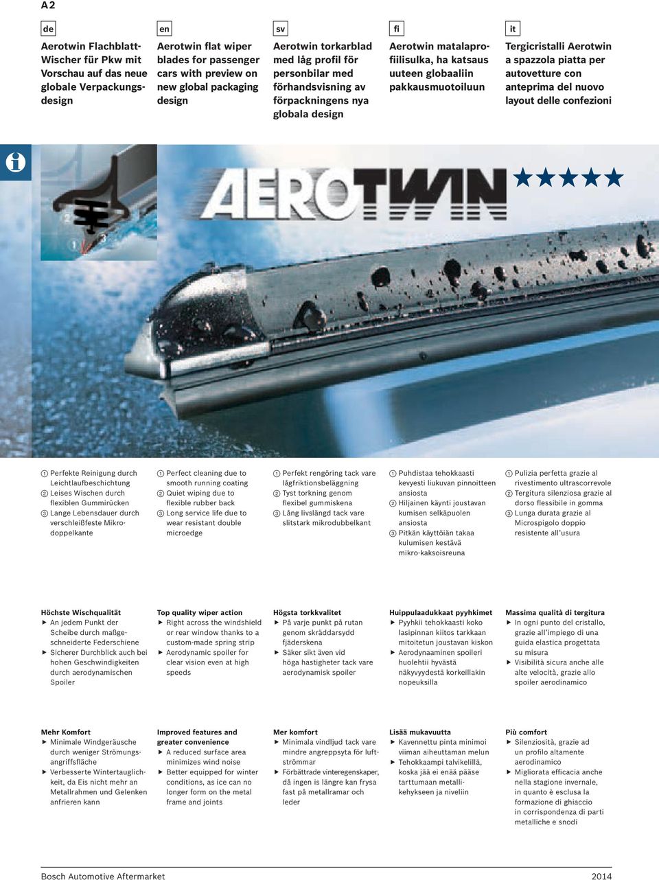 Aerotwin a spazzola piatta per autovetture con anteprima del nuovo layout delle confezioni 1 Perfekte Reinigung durch Leichtlaufbeschichtung 2 Leises Wischen durch flexiblen Gummirücken 3 Lange