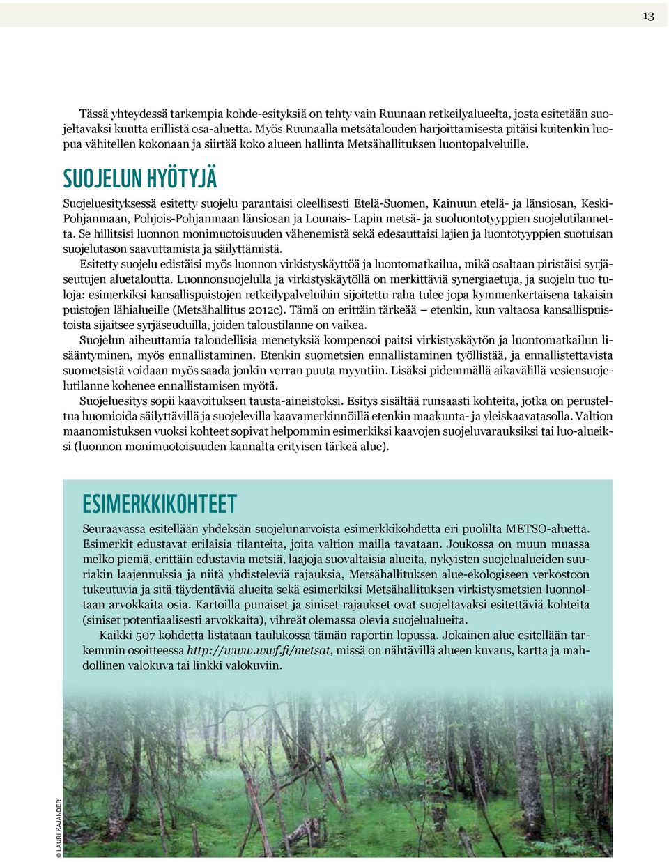 Suojelun hyötyjä Suojeluesityksessä esitetty suojelu parantaisi oleellisesti Etelä-Suomen, Kainuun etelä- ja länsiosan, Keski- Pohjanmaan, Pohjois-Pohjanmaan länsiosan ja Lounais- Lapin metsä- ja