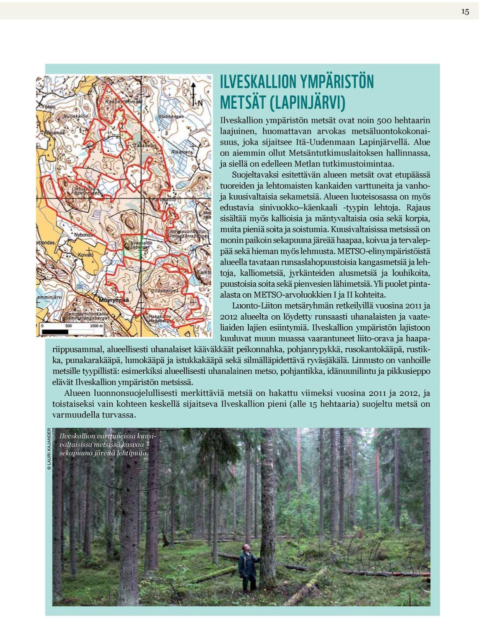 Suojeltavaksi esitettävän alueen metsät ovat etupäässä tuoreiden ja lehtomaisten kankaiden varttuneita ja vanhoja kuusivaltaisia sekametsiä.