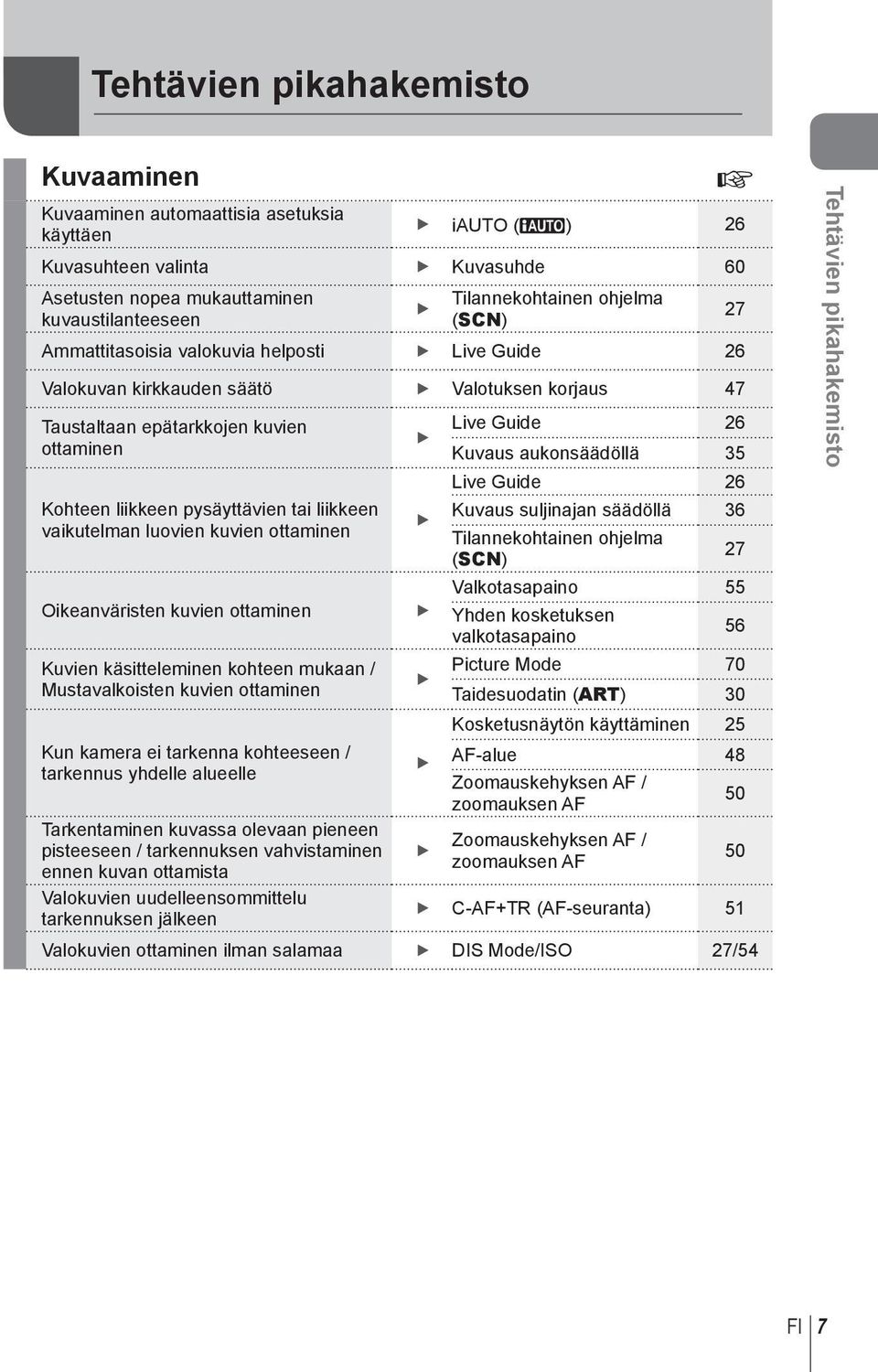 luovien kuvien ottaminen Oikeanväristen kuvien ottaminen Kuvien käsitteleminen kohteen mukaan / Mustavalkoisten kuvien ottaminen Kun kamera ei tarkenna kohteeseen / tarkennus yhdelle alueelle