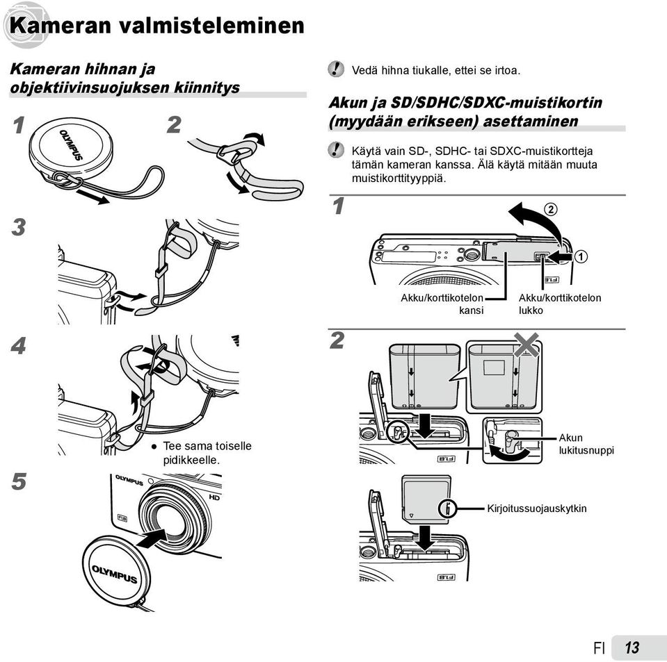 Akun ja SD/SDHC/SDXC-muistikortin (myydään erikseen) asettaminen 1 Käytä vain SD-, SDHC- tai