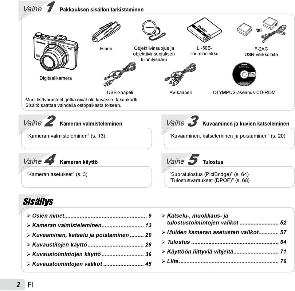 13) Vaihe 3 Kuvaaminen ja kuvien katseleminen Kuvaaminen, katseleminen ja poistaminen (s. 20) Vaihe 4 Kameran käyttö Kameran asetukset (s. 3) Vaihe 5 Tulostus Suoratulostus (PictBridge) (s.