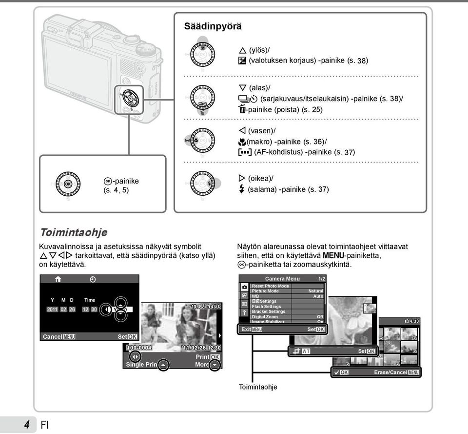37) Toimintaohje Kuvavalinnoissa ja asetuksissa näkyvät symbolit FGHI tarkoittavat, että säädinpyörää (katso yllä) on käytettävä.