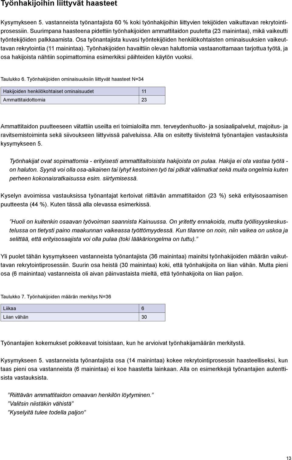 Osa työnantajista kuvasi työntekijöiden henkilökohtaisten ominaisuuksien vaikeuttavan rekrytointia (11 mainintaa).