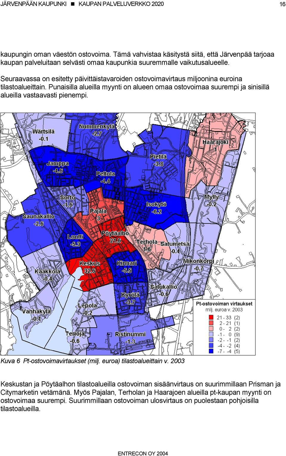 Punaisilla alueilla myynti on alueen omaa ostovoimaa suurempi ja sinisillä alueilla vastaavasti pienempi. Kuva 6 Pt-ostovoimavirtaukset (milj. euroa) tilastoalueittain v.