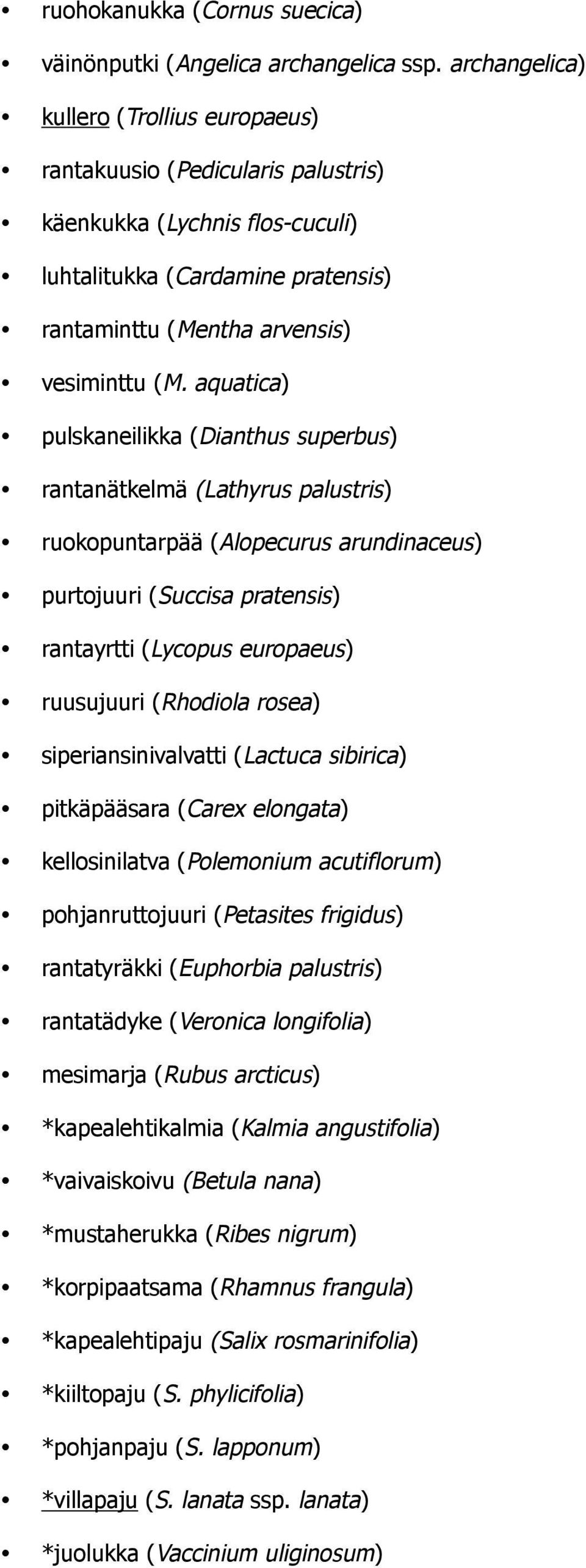 aquatica) pulskaneilikka (Dianthus superbus) rantanätkelmä (Lathyrus palustris) ruokopuntarpää (Alopecurus arundinaceus) purtojuuri (Succisa pratensis) rantayrtti (Lycopus europaeus) ruusujuuri