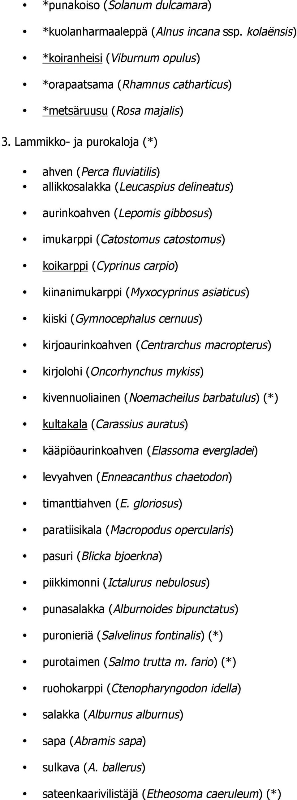 kiinanimukarppi (Myxocyprinus asiaticus) kiiski (Gymnocephalus cernuus) kirjoaurinkoahven (Centrarchus macropterus) kirjolohi (Oncorhynchus mykiss) kivennuoliainen (Noemacheilus barbatulus) (*)