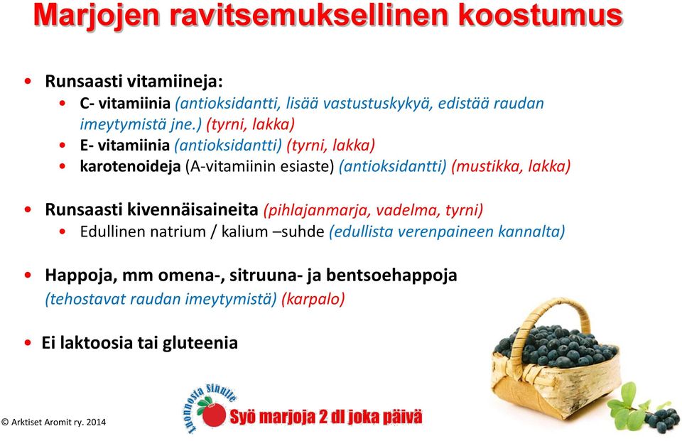 ) (tyrni, lakka) E- vitamiinia (antioksidantti) (tyrni, lakka) karotenoideja (A-vitamiinin esiaste) (antioksidantti) (mustikka, lakka)