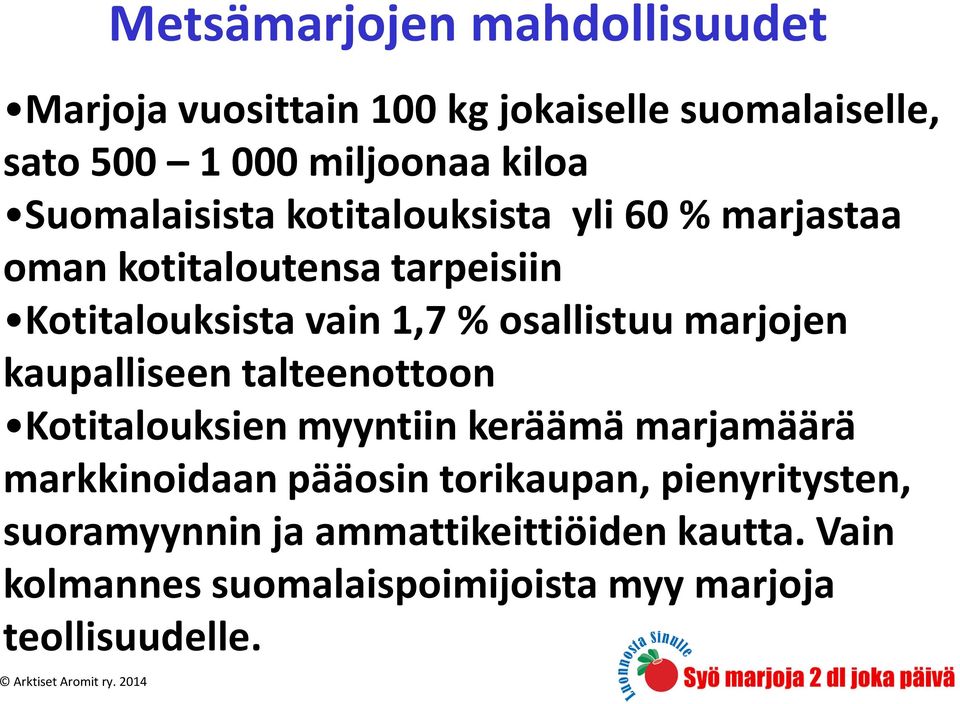Suomalaisista kotitalouksista yli 60 % marjastaa oman kotitaloutensa tarpeisiin Kotitalouksista vain 1,7 % osallistuu