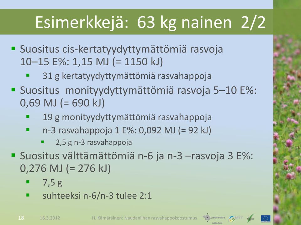 g monityydyttymättömiä rasvahappoja n-3 rasvahappoja 1 E%: 0,092 MJ (= 92 kj) 2,5 g n-3 rasvahappoja