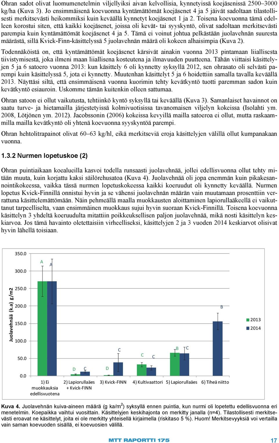 Toisena koevuonna tämä edelleen korostui siten, että kaikki koejäsenet, joissa oli kevät- tai syyskyntö, olivat sadoltaan merkitsevästi parempia kuin kyntämättömät koejäsenet 4 ja 5.