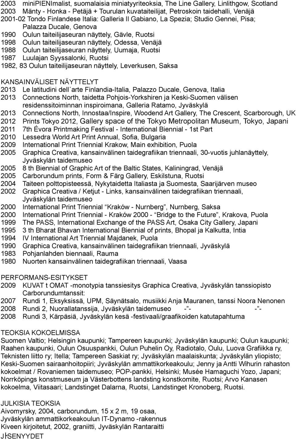 1988 Oulun taiteilijaseuran näyttely, Uumaja, Ruotsi 1987 Luulajan Syyssalonki, Ruotsi 1982, 83 Oulun taiteilijaseuran näyttely, Leverkusen, Saksa KANSAINVÄLISET NÄYTTELYT 2013 Le latitudini dell