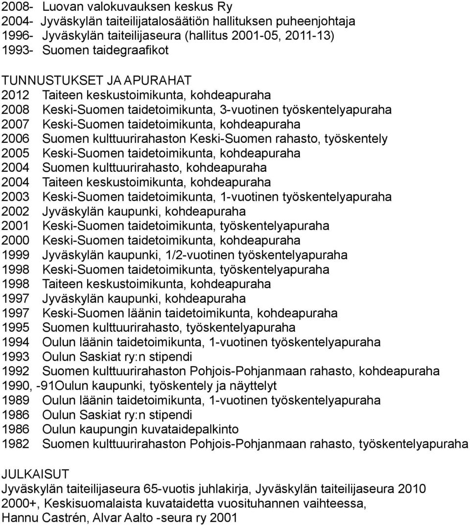 kulttuurirahaston Keski-Suomen rahasto, työskentely 2005 Keski-Suomen taidetoimikunta, kohdeapuraha 2004 Suomen kulttuurirahasto, kohdeapuraha 2004 Taiteen keskustoimikunta, kohdeapuraha 2003