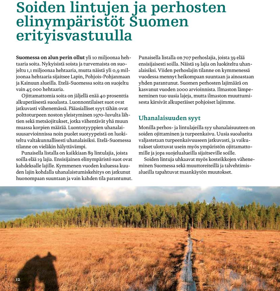 Etelä-Suomessa soita on suojeltu vain 45 000 hehtaaria. Ojittamattomia soita on jäljellä enää 40 prosenttia alkuperäisestä suoalasta. Luonnontilaiset suot ovat jatkuvasti vähenemässä.