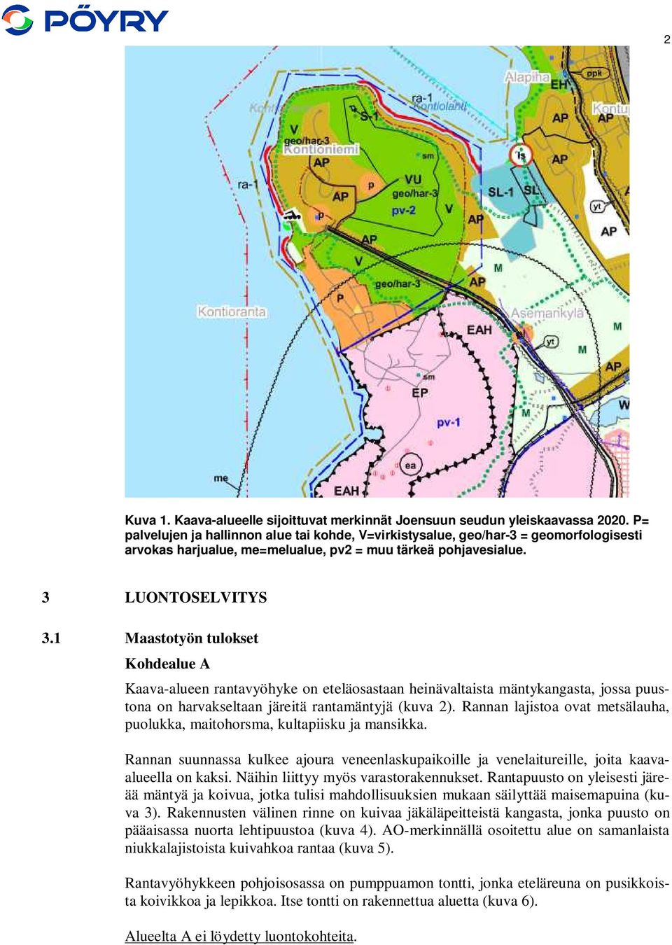 1 Maastotyön tulokset Kohdealue A Kaava-alueen rantavyöhyke on eteläosastaan heinävaltaista mäntykangasta, jossa puustona on harvakseltaan järeitä rantamäntyjä (kuva 2).