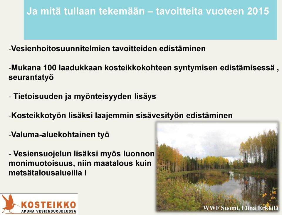 myönteisyyden lisäys -Kosteikkotyön lisäksi laajemmin sisävesityön edistäminen -Valuma-aluekohtainen työ