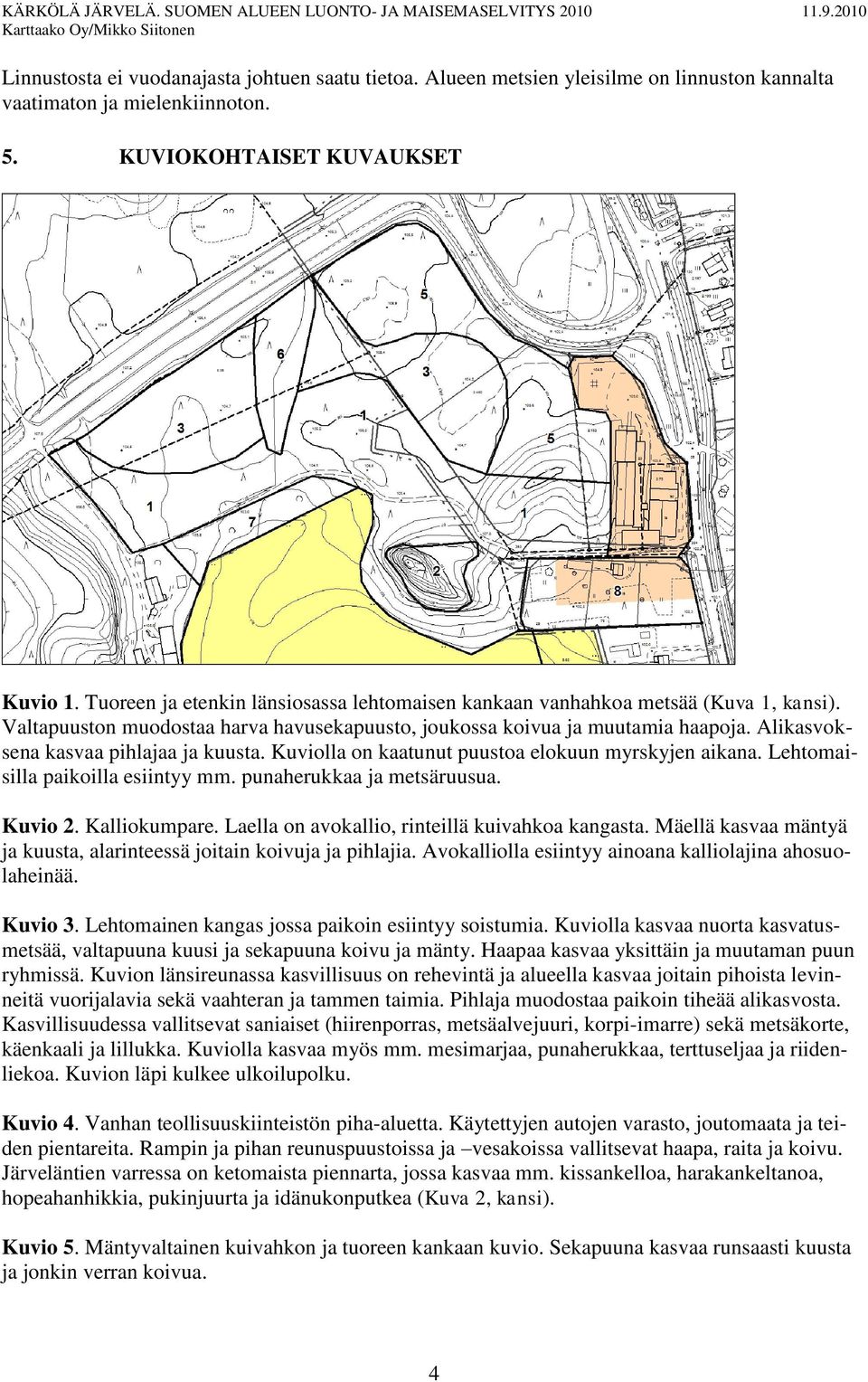 Alikasvoksena kasvaa pihlajaa ja kuusta. Kuviolla on kaatunut puustoa elokuun myrskyjen aikana. Lehtomaisilla paikoilla esiintyy mm. punaherukkaa ja metsäruusua. Kuvio 2. Kalliokumpare.