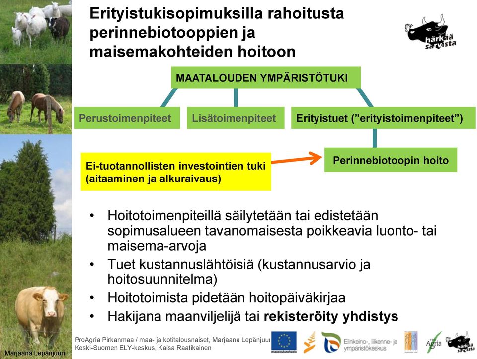 sopimusalueen tavanomaisesta poikkeavia luonto- tai maisema-arvoja Tuet kustannuslähtöisiä (kustannusarvio ja hoitosuunnitelma) Hoitotoimista pidetään