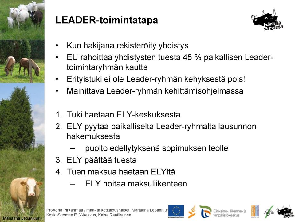 ELY pyytää paikalliselta Leader-ryhmältä lausunnon hakemuksesta puolto edellytyksenä sopimuksen teolle 3. ELY päättää tuesta 4.