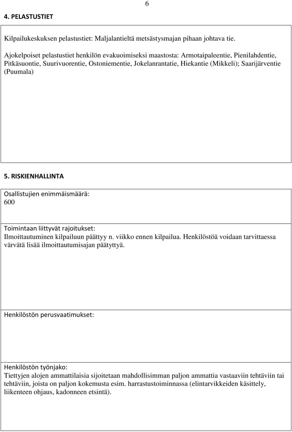 (Puumala) 5. RISKIENHALLINTA Osallistujien enimmäismäärä: 600 Toimintaan liittyvät rajoitukset: Ilmoittautuminen kilpailuun päättyy n. viikko ennen kilpailua.