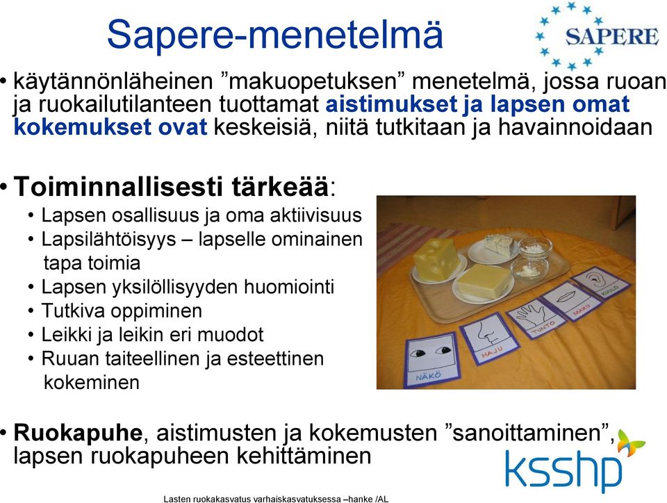 lapselle ominainen tapa toimia Lapsen yksilöllisyyden huomiointi Tutkiva oppiminen Leikki ja leikin eri muodot Ruuan taiteellinen ja