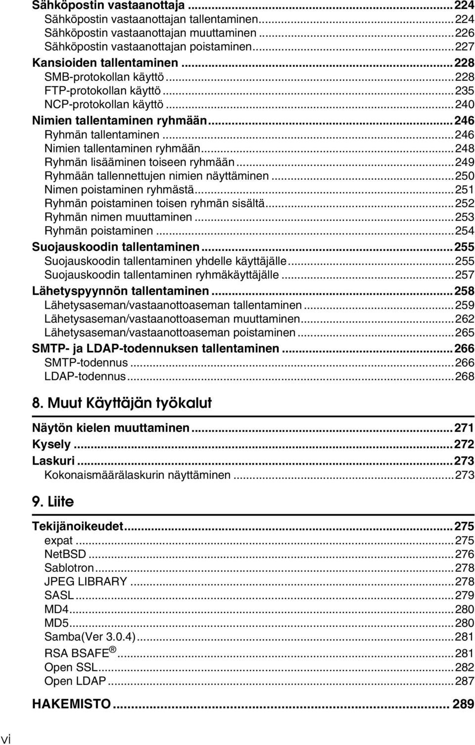 ..248 Ryhmän lisääminen toiseen ryhmään...249 Ryhmään tallennettujen nimien näyttäminen...250 Nimen poistaminen ryhmästä...251 Ryhmän poistaminen toisen ryhmän sisältä...252 Ryhmän nimen muuttaminen.