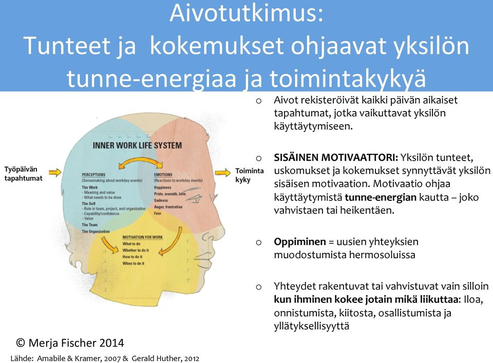 Työpäivän tapahtumat o Toiminta kyky SISÄINEN MOTIVAATTORI: Yksilön tunteet, uskomukset ja kokemukset synnyttävät yksilön sisäisen motivaation.