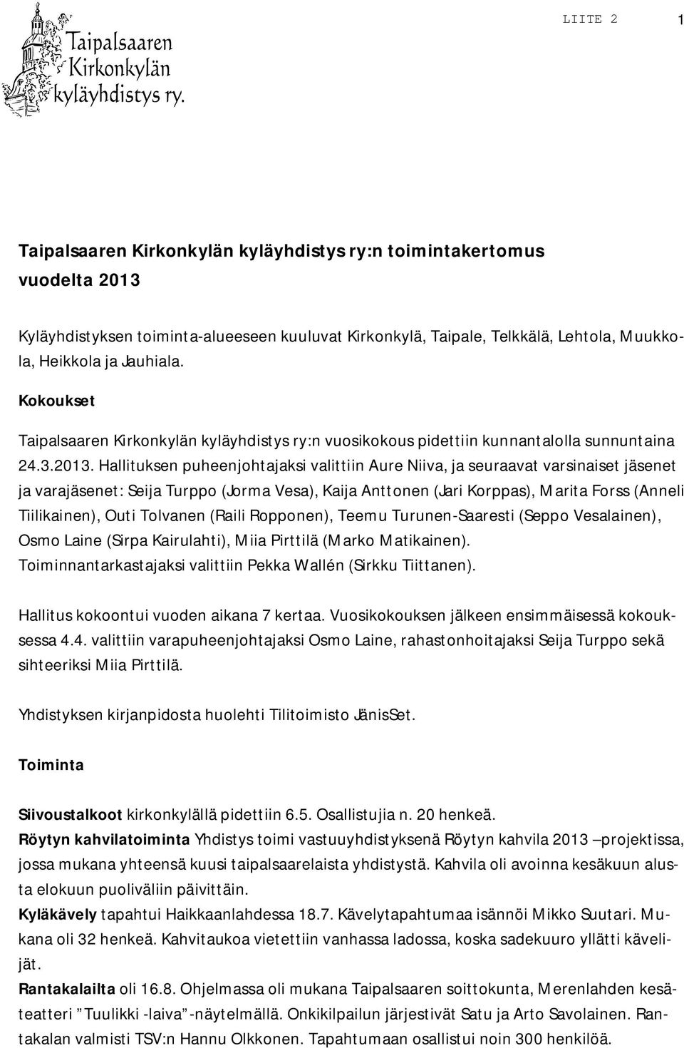 Hallituksen puheenjohtajaksi valittiin Aure Niiva, ja seuraavat varsinaiset jäsenet ja varajäsenet: Seija Turppo (Jorma Vesa), Kaija Anttonen (Jari Korppas), Marita Forss (Anneli Tiilikainen), Outi