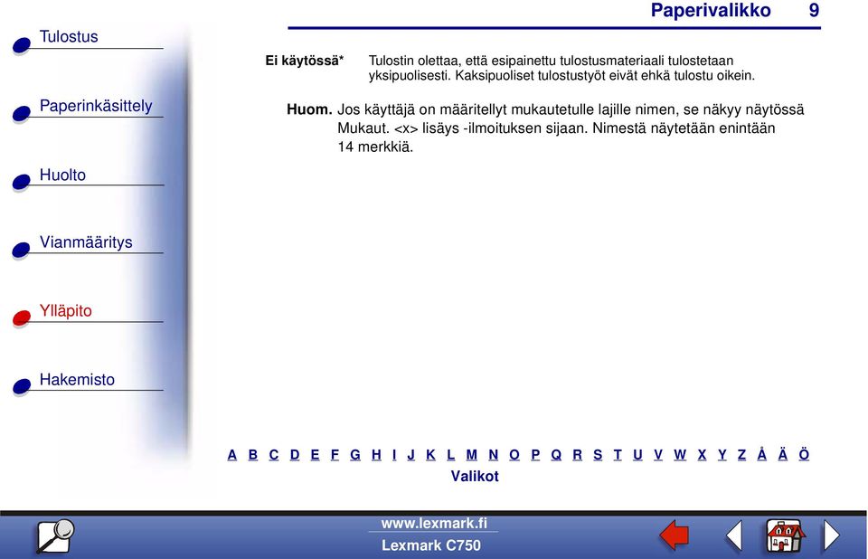 Kaksipuoliset tulostustyöt eivät ehkä tulostu oikein. 9 Huom.