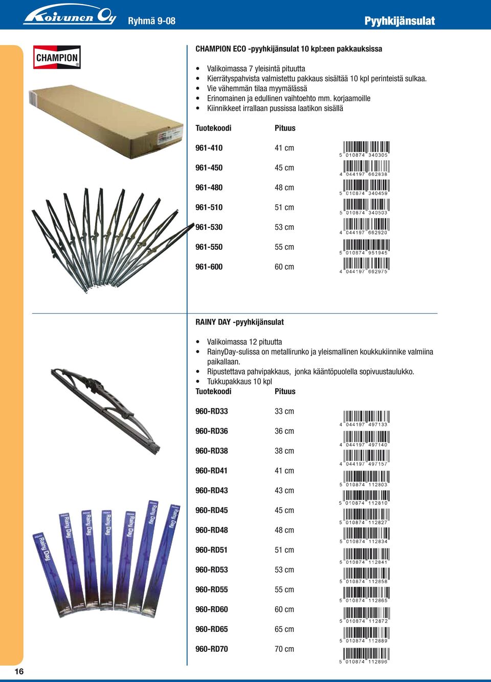 korjaamoille Kiinnikkeet irrallaan pussissa laatikon sisällä Tuotekoodi Pituus 961-410 41 cm 961-450 45 cm 961-480 48 cm 961-510 51 cm 961-530 53 cm 961-550 55 cm 961-600 60 cm RAINY DAY