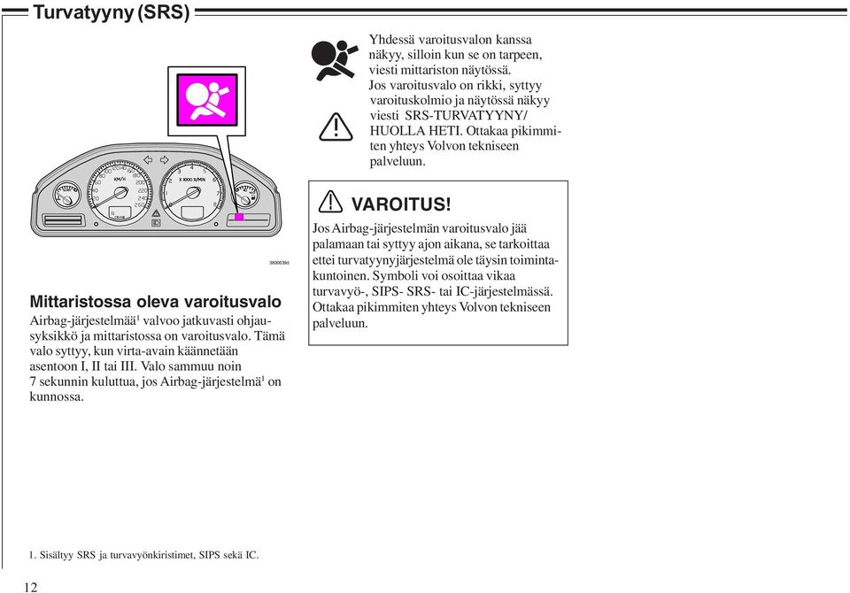 3800639d Mittaristossa oleva varoitusvalo Airbag-järjestelmää 1 valvoo jatkuvasti ohjausyksikkö ja mittaristossa on varoitusvalo. Tämä valo syttyy, kun virta-avain käännetään asentoon I, II tai III.