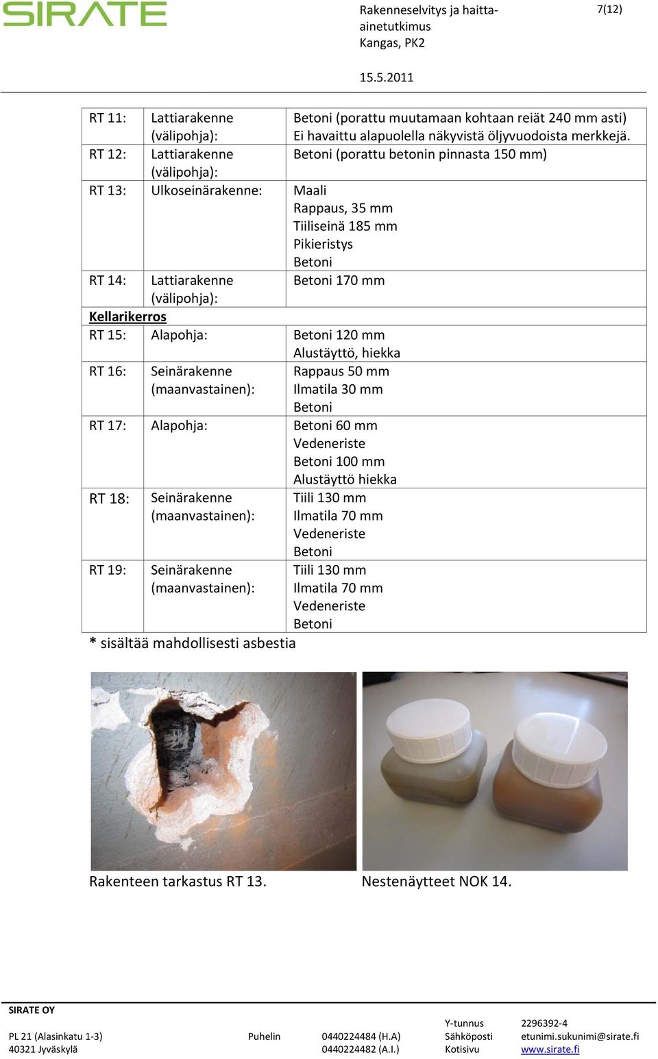 RT 12: Lattiarakenne Betoni (porattu betonin pinnasta 150 mm) (välipohja): RT 13: Ulkoseinärakenne: Maali Rappaus, 35 mm Tiiliseinä 185 mm Pikieristys Betoni RT 14: Lattiarakenne Betoni 170 mm