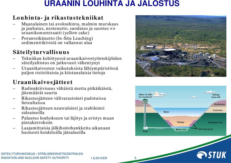 vaikutuksista lähiympäristössä paljon ristiriitaisia ja kiistanalaisia tietoja Uraanikaivosjätteet Radioaktiivisuus vähäistä mutta pitkäikäistä, jätemäärät suuria Rikastusjätteen välivarastointi