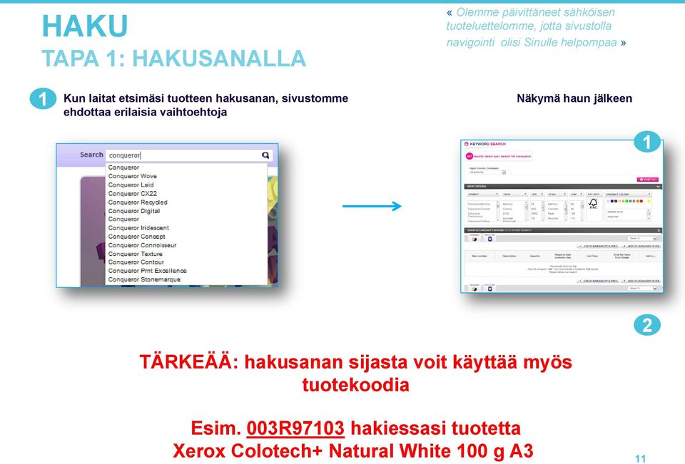 ehdottaa erilaisia vaihtoehtoja Näkymä haun jälkeen TÄRKEÄÄ: hakusanan sijasta voit