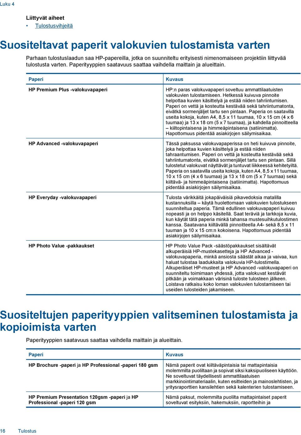 Paperi HP Premium Plus -valokuvapaperi HP Advanced -valokuvapaperi HP Everyday -valokuvapaperi HP Photo Value -pakkaukset Kuvaus HP:n paras valokuvapaperi soveltuu ammattilaatuisten valokuvien