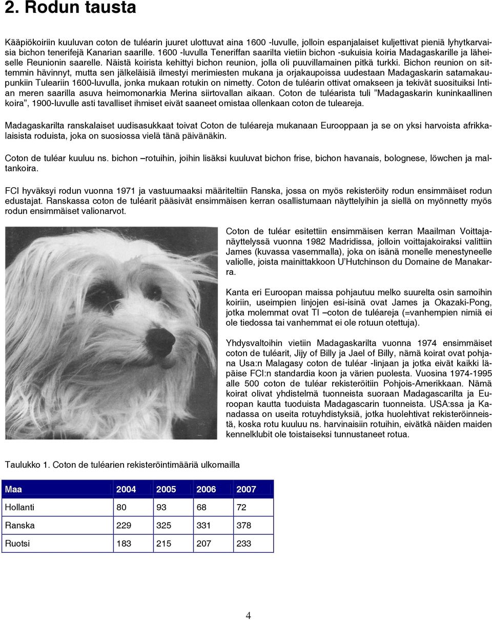 Bichon reunion on sittemmin hävinnyt, mutta sen jälkeläisiä ilmestyi merimiesten mukana ja orjakaupoissa uudestaan Madagaskarin satamakaupunkiin Tuleariin 1600-luvulla, jonka mukaan rotukin on